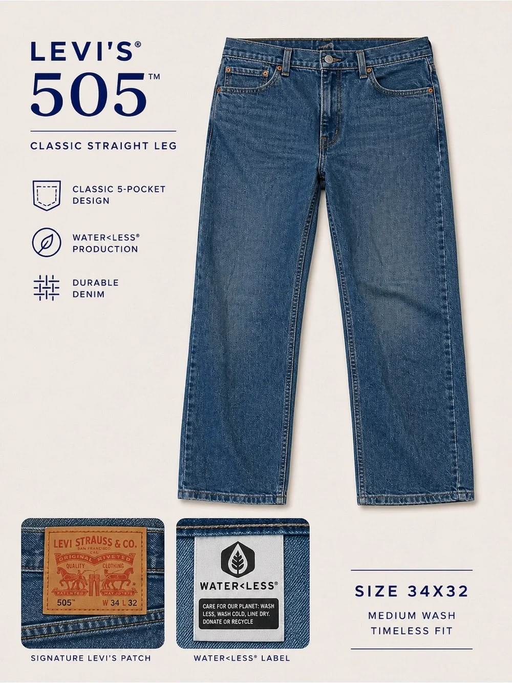 Levi’s 505‎ Jeans Men’s 34x32 Medium Dark Wash Straight Leg Classic Fit Denim