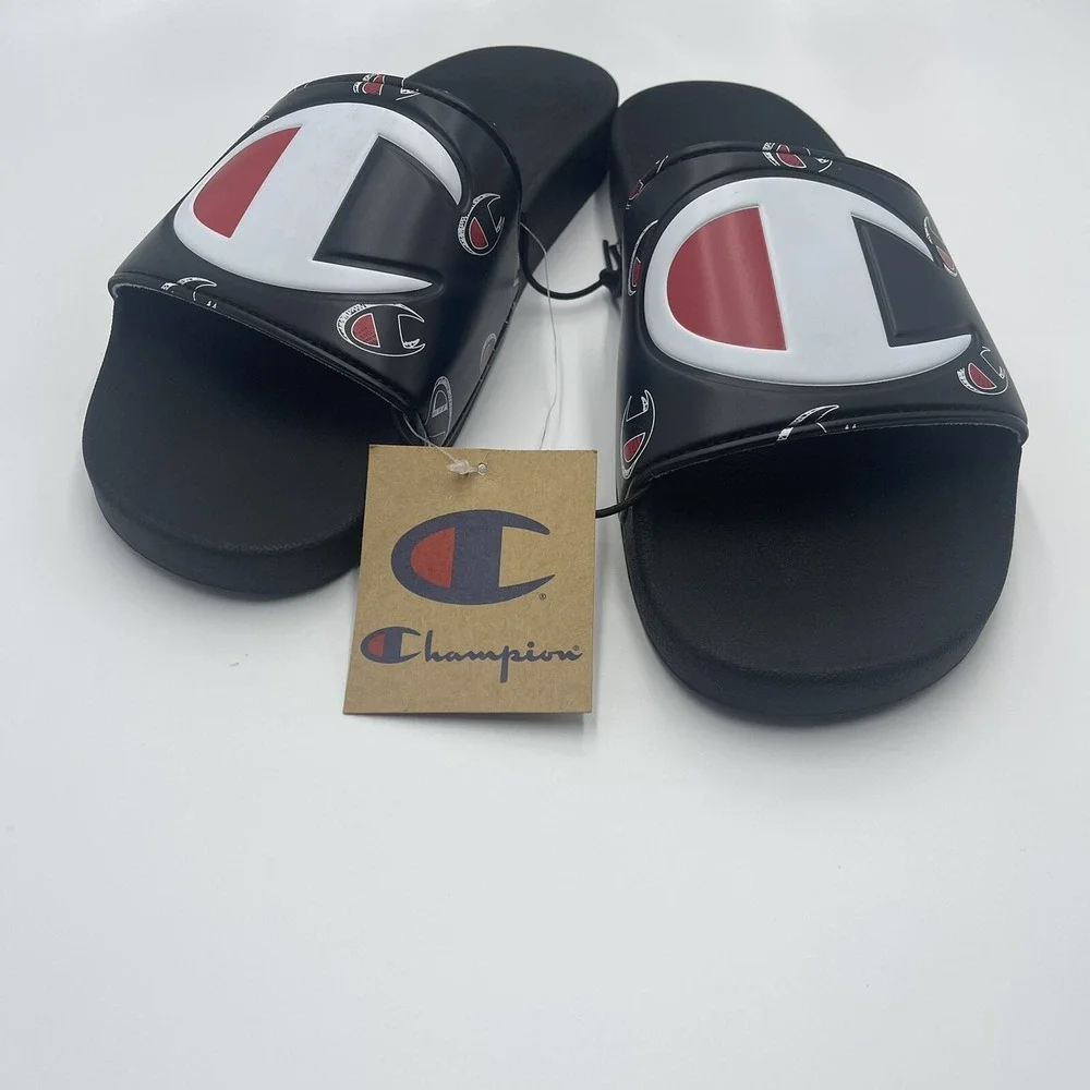 Champion IPO Repeat C Mens Black White Red Logo Slide Sandals CP101605M‎ Size 12