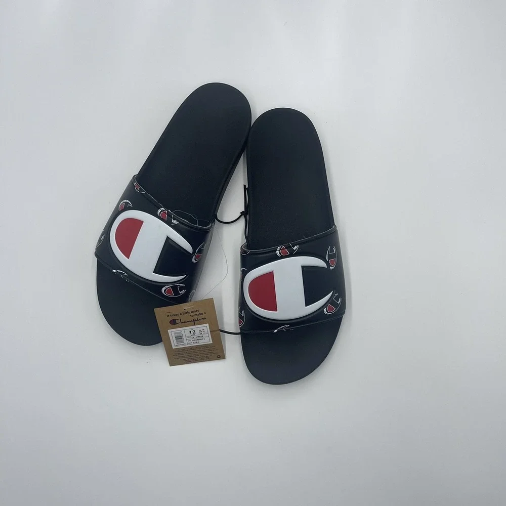 Champion IPO Repeat C Mens Black White Red Logo Slide Sandals CP101605M‎ Size 12