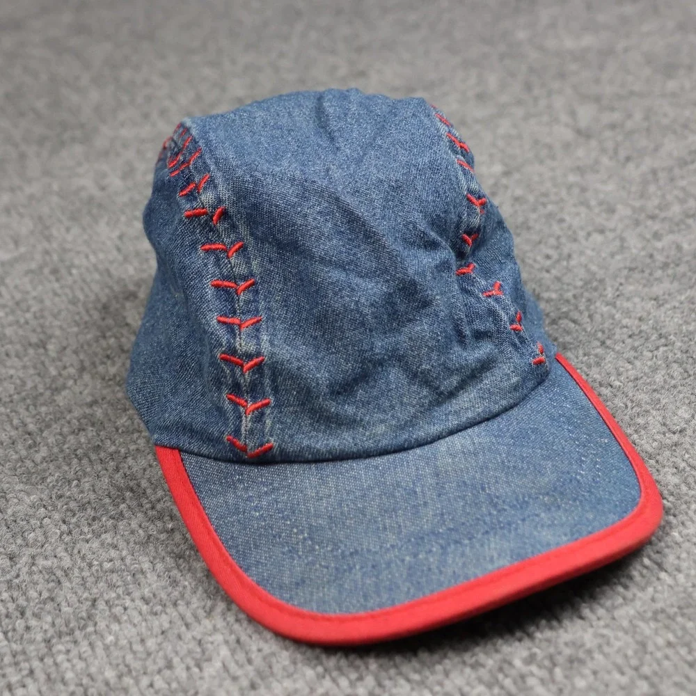 Little Slugger Hat Cap Fitted Kids Toddler 2-4 Yrs‎ Blue Denim Red Trim Baseball