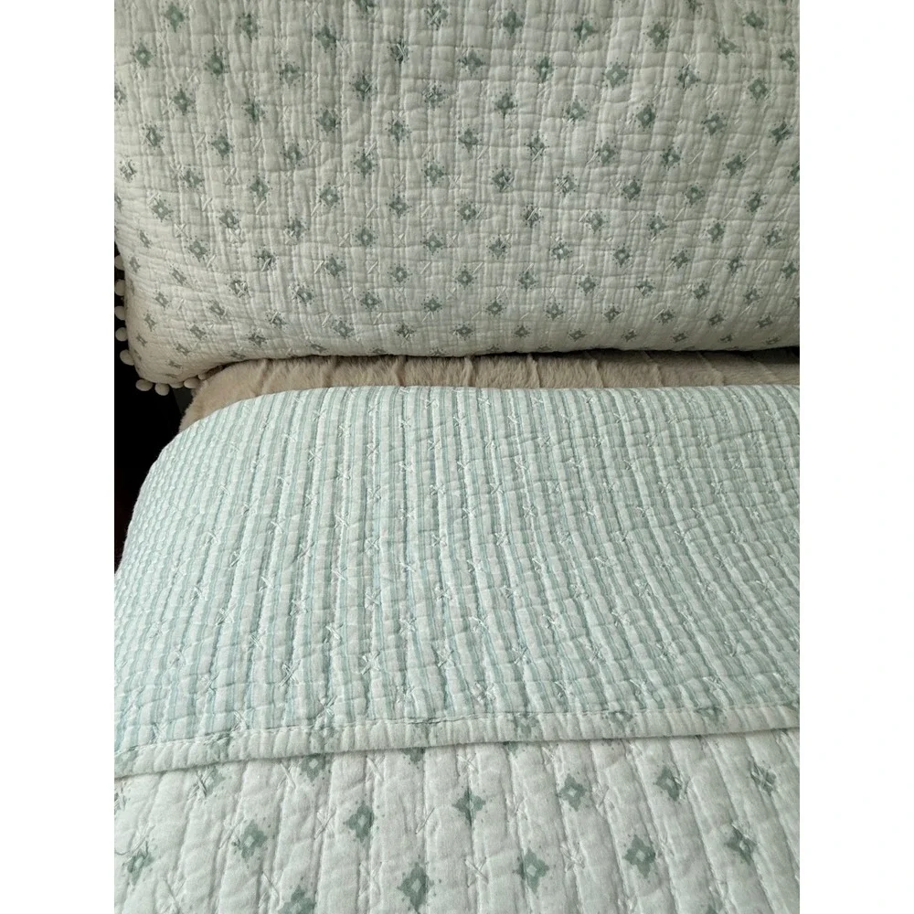Boho Quilted King Bedding Set White Sage Green Pom Pom Trim Quilt 2 Shams