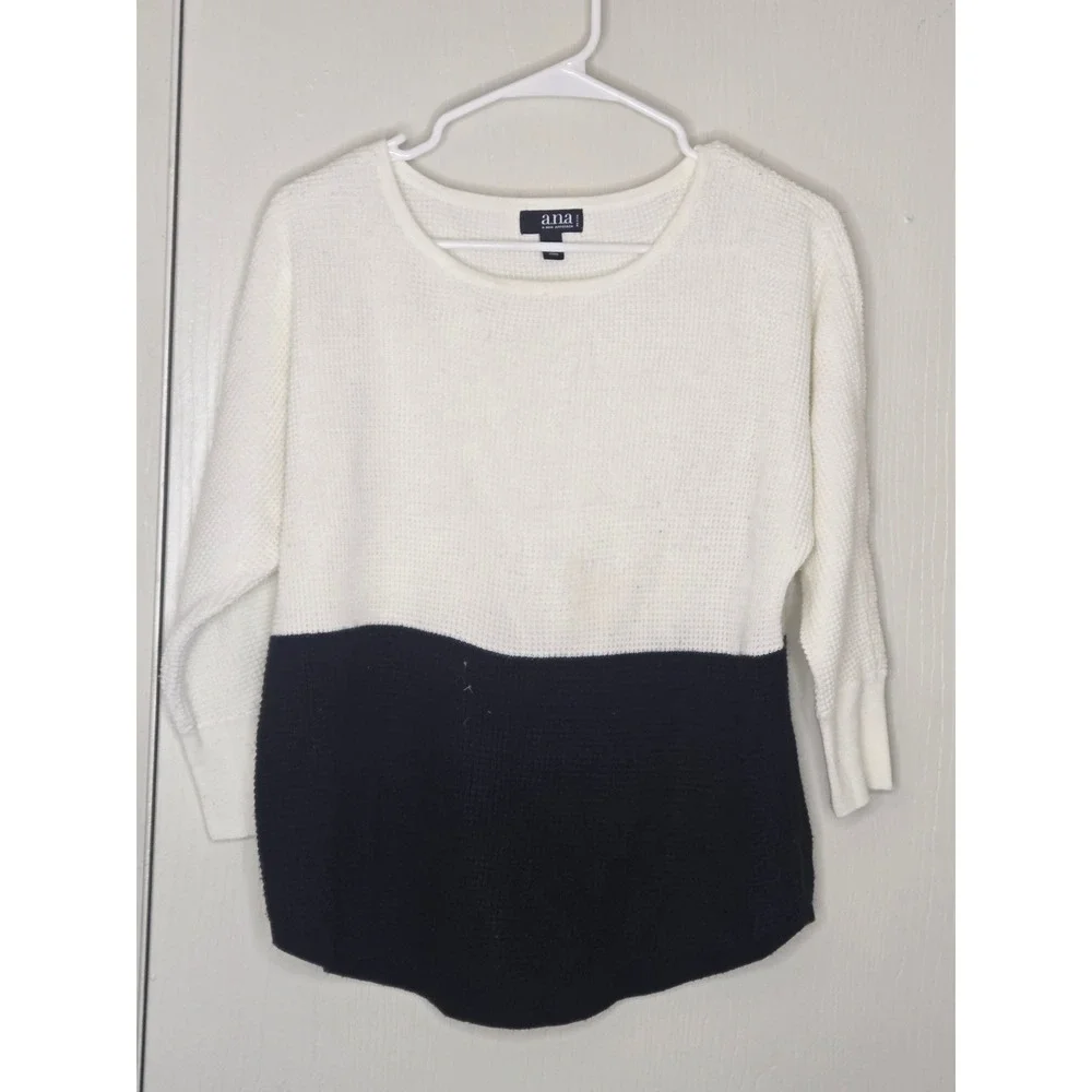ANA A New Approach Womens Petite PM Colorblock Waffle Knit Sweater Cream Black