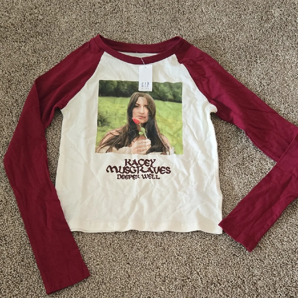 GAP Long Sleeve Raglan Tee - Cream Body with Burgundy Sleeves