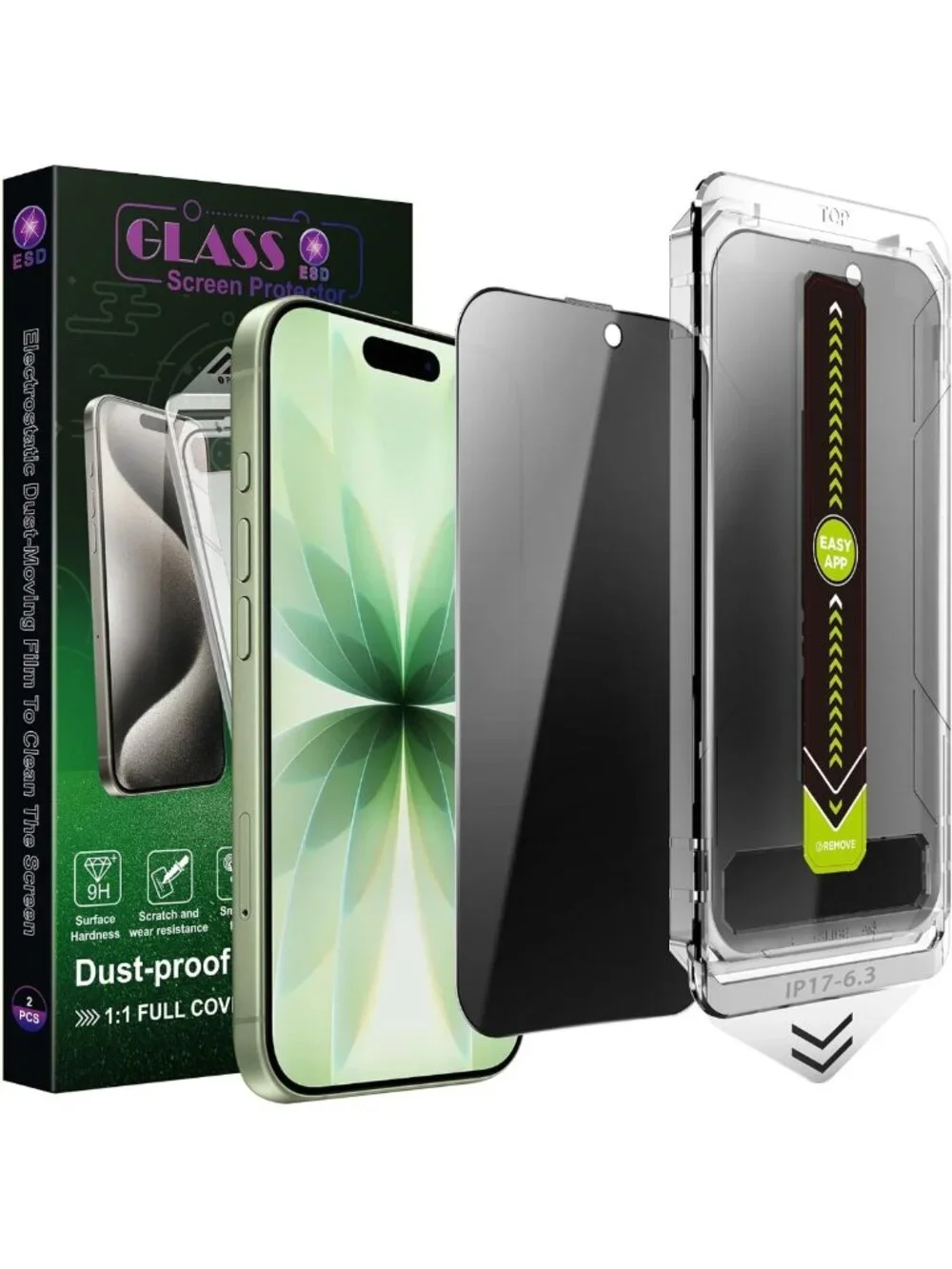 2-Pack Privacy Screen Protector for iPhone 17/16 Pro, 9H Tempered Glass