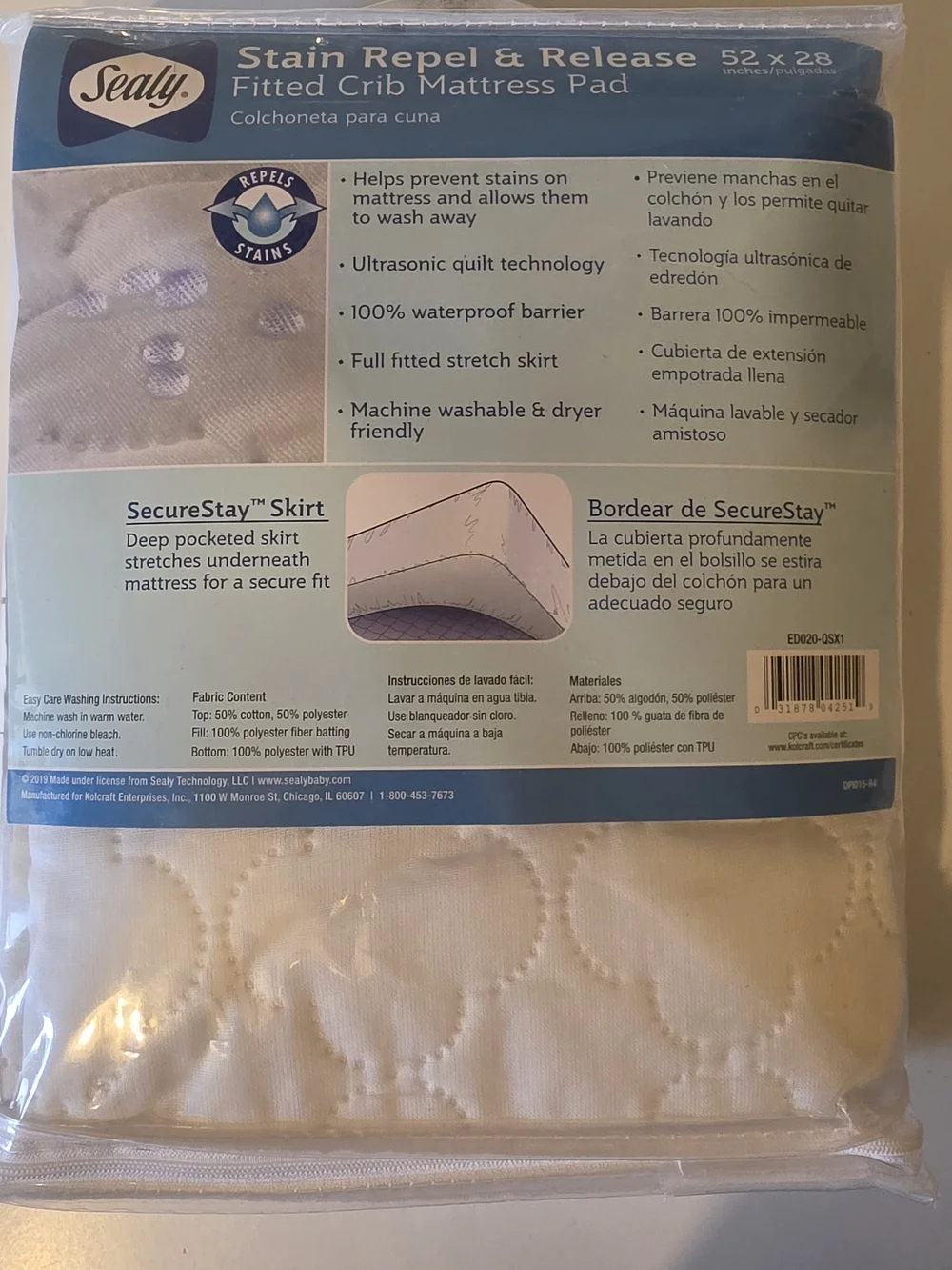 Sealy Stain Repel & Release Fitted Crib Mattress Pad - White