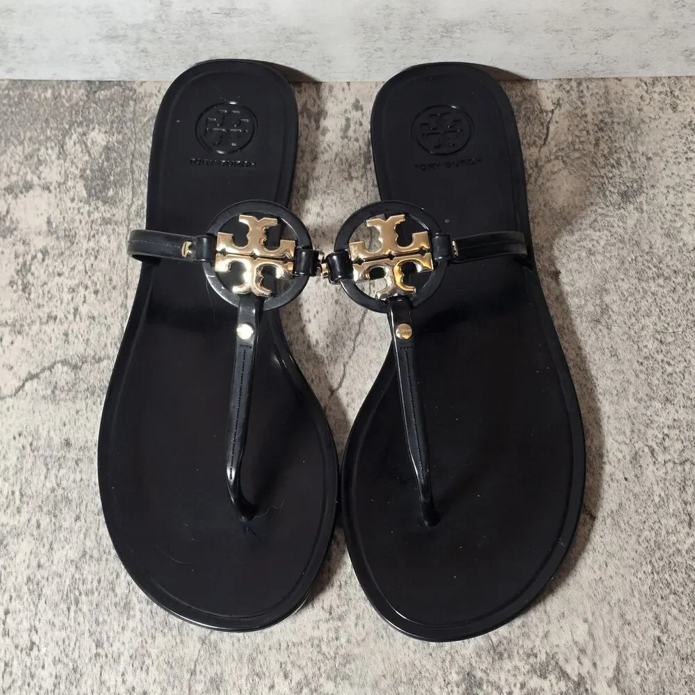 Tory Burch Black Jelly Miller Thong Sandals with Gold Logo