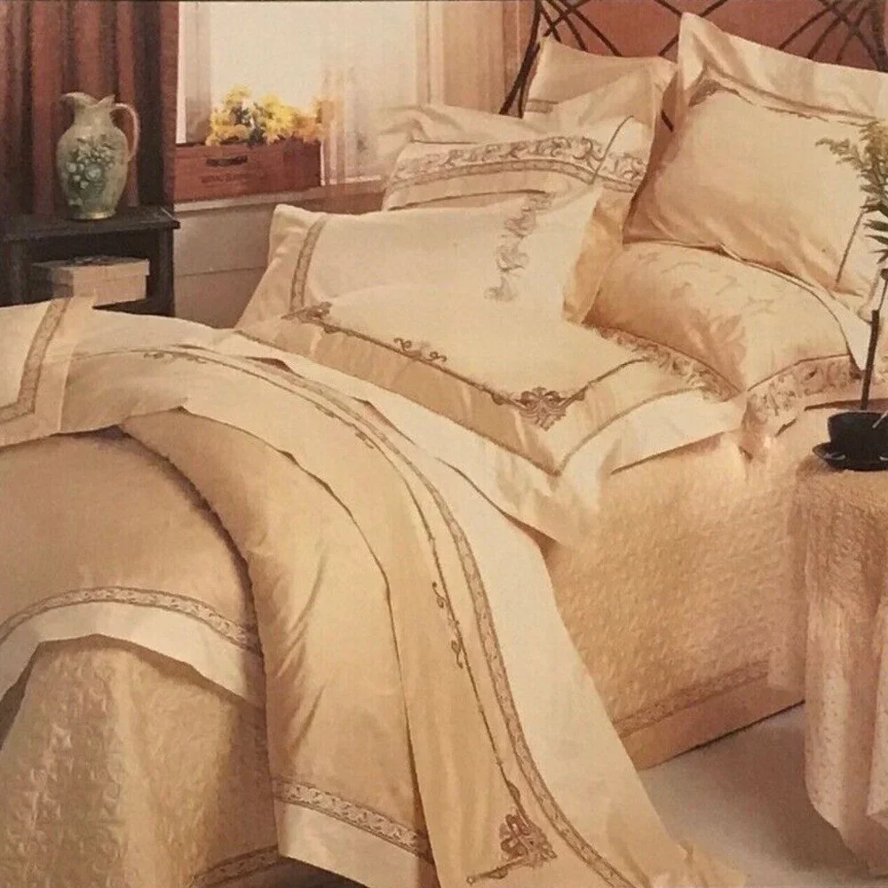 3 Pc Set Bella Lux Fine Linens Gold Embroidered King Duvet Cover Shams
