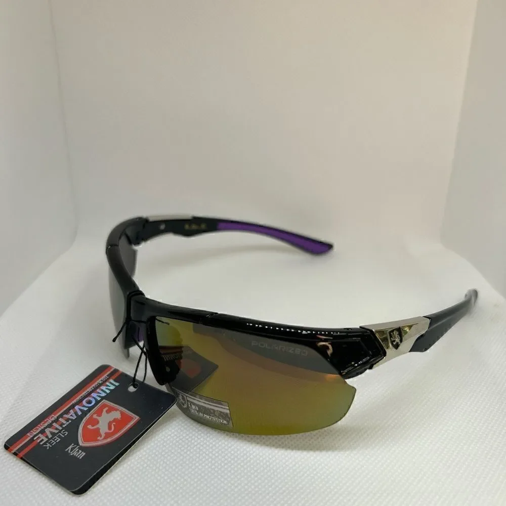 Khan Polarized Mirrored Mens Wrap Semi Rimless Sunglasses