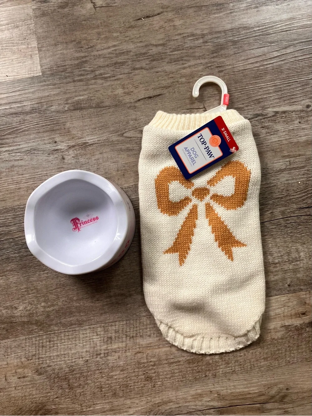 Top Paw Cream Knit Dog Sweater with Orange Bow AND Disney Princess Pet Bowl!