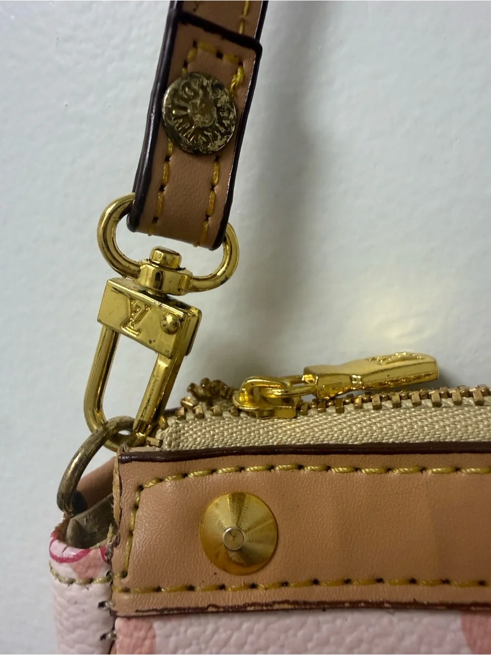 Louis Vuitton Pink Floral Mini Pochette with Tan Trim