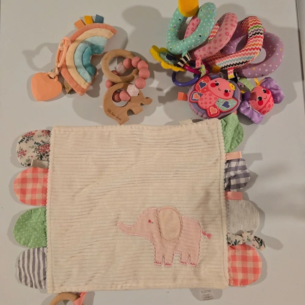Modern Baby Pink Elephant‎ Security Blanket Teether Taggie Crinkle Lovey Girl