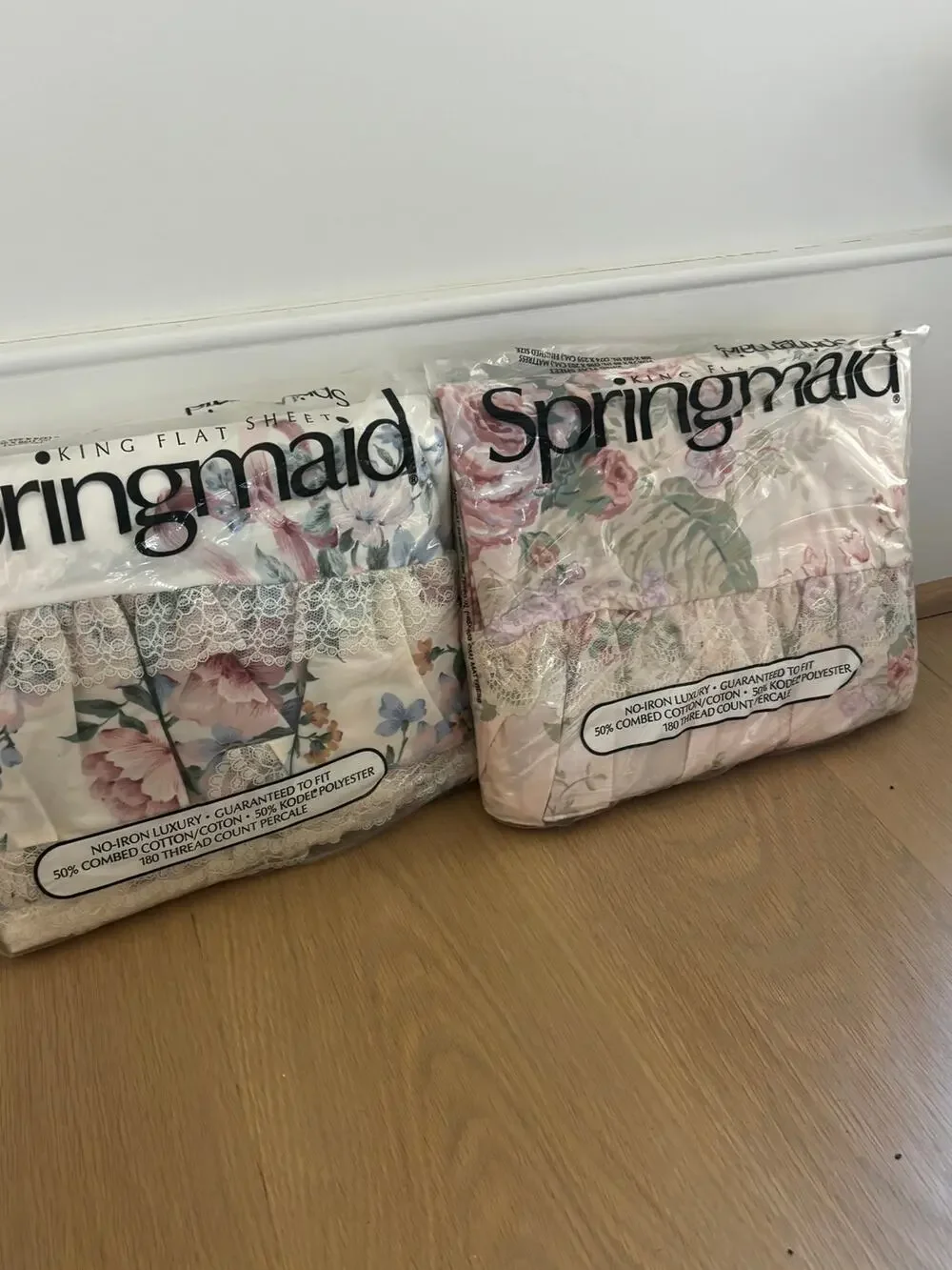 Lot of 2 NOS Vintage Springmaid Bridal Bouquet King Flat Sheets Floral Lace