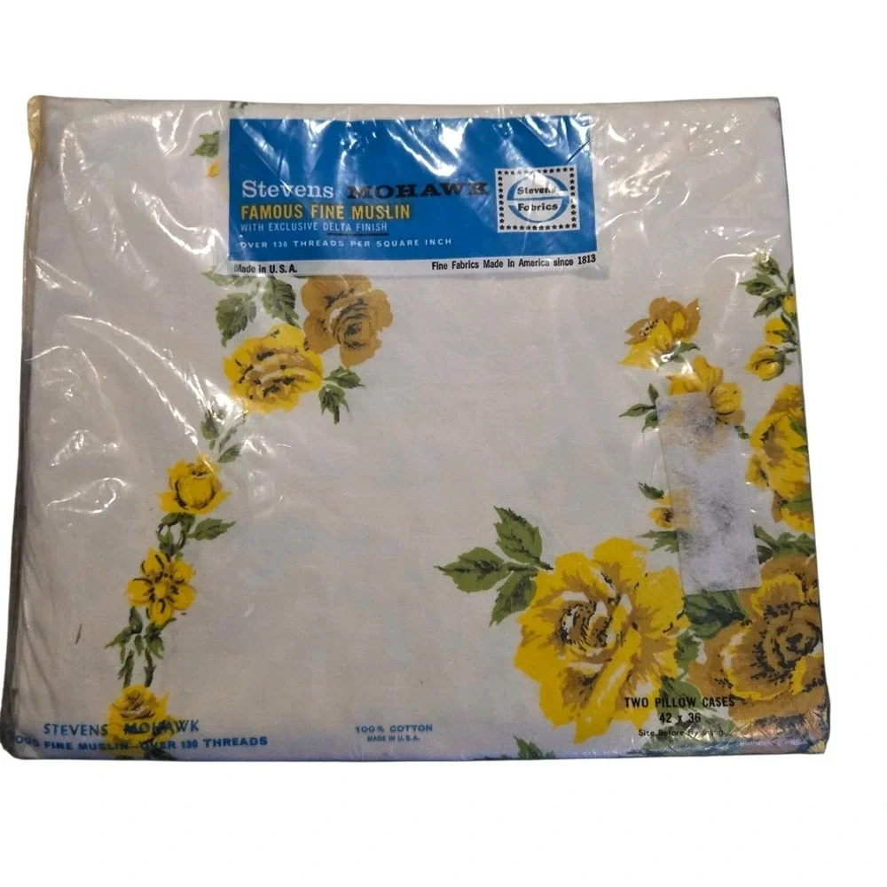 Vtg Stevens Mohawk Yellow Floral Double Flat Sheet & 2 Pillowcases Cottagecore