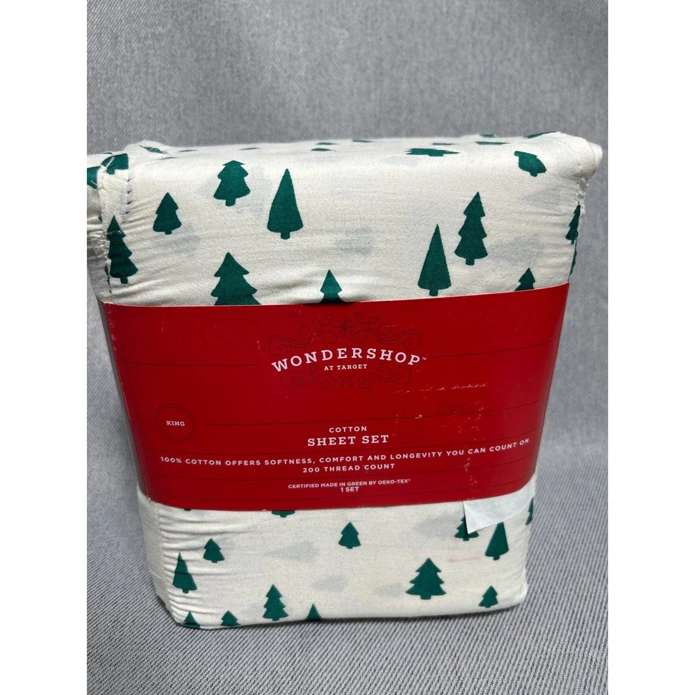 Wondershop King Cotton Sheet Set White Green Christmas Pine Tree 200TC Holiday