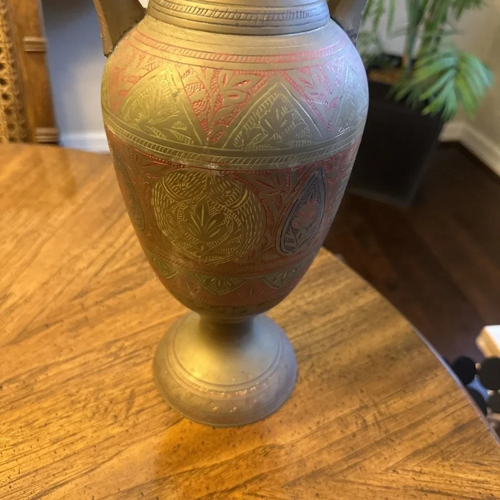 Vintage Solid Brass Vase Hand Etched Floral/Leaf Design 15.5