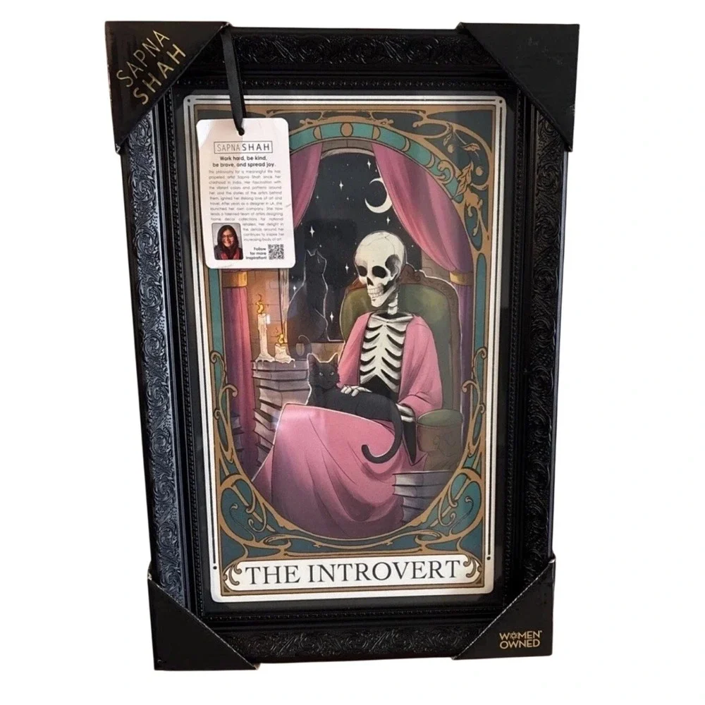 Sapna Shah The Introvert Framed Wall Art Skeleton Black Cat Tarot Gothic Decor
