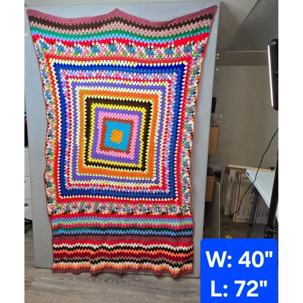Vintage Handmade‎ Crochet Afghan Granny Square Throw Blanket Retro Boho Roseanne