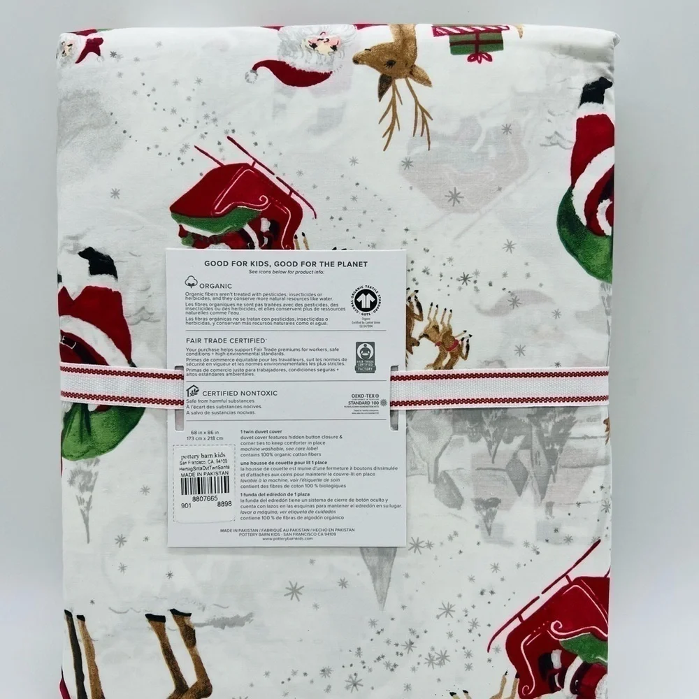 POTTERY BARN KIDS HERITAGE SANTA ORGANIC TWIN DUVET COVER NWT