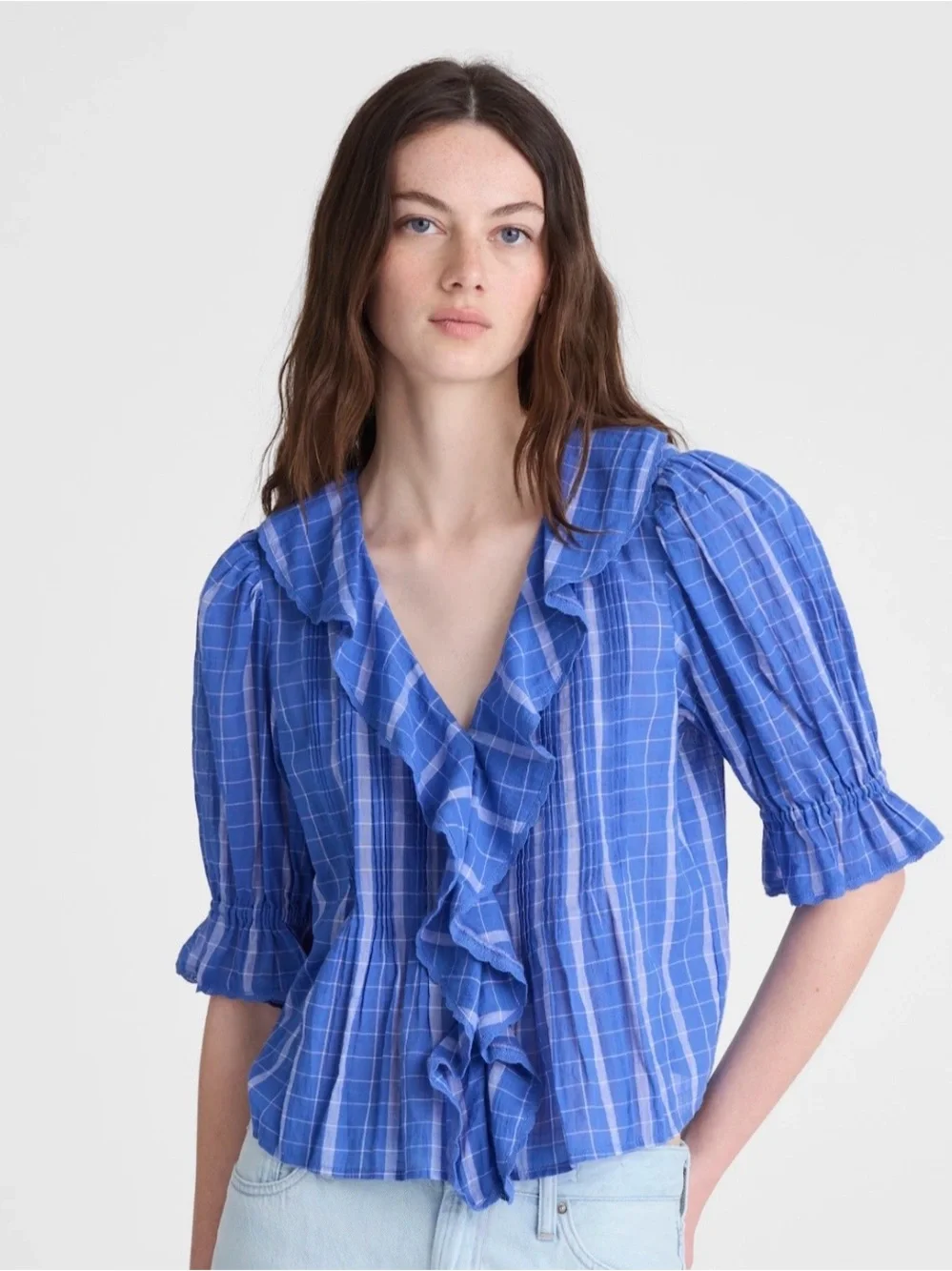 Madewell Blue Plaid Ruffle V-Neck Blouse