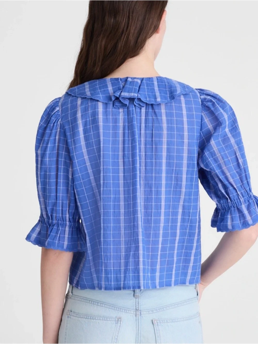 Madewell Blue Plaid Ruffle V-Neck Blouse