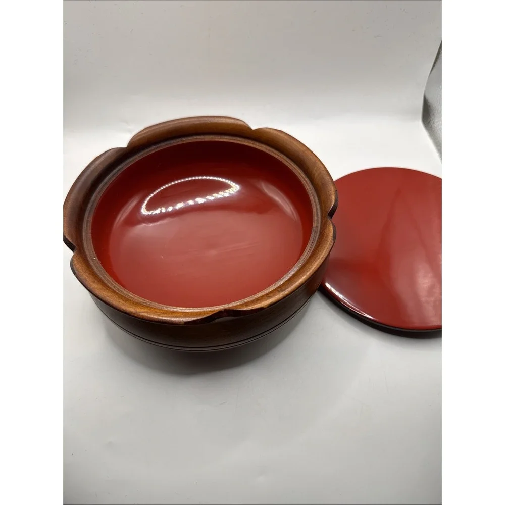 Vintage Hand Carved Wooden Bowl Bamboo Carving With Lid Lacquered Interior 7