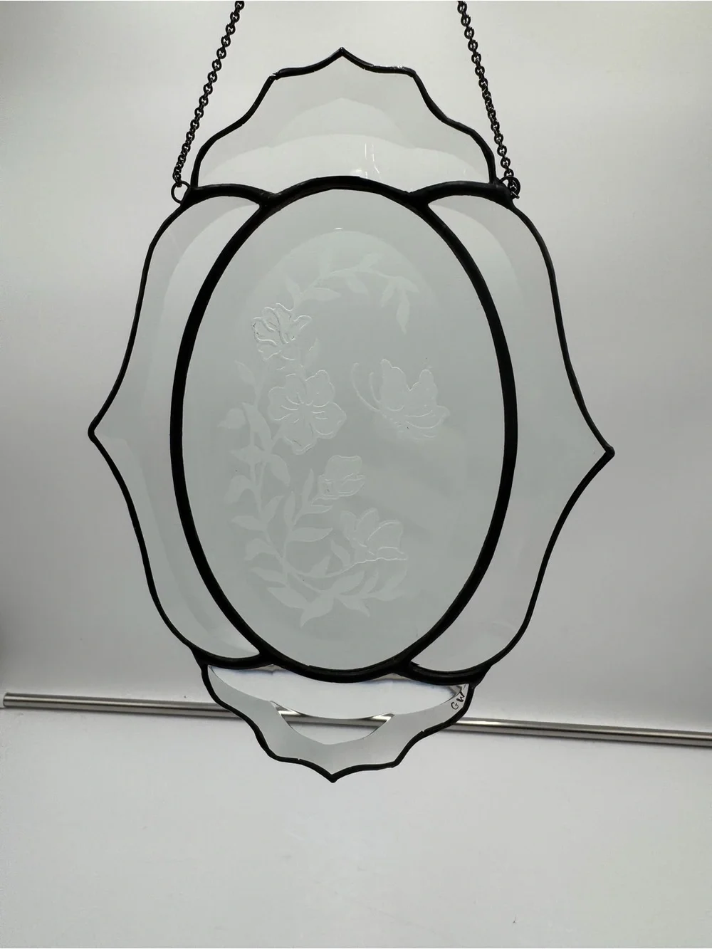 Vintage Leaded Stained Glass Hanging Suncatcher Etched Floral Oval Window Panel