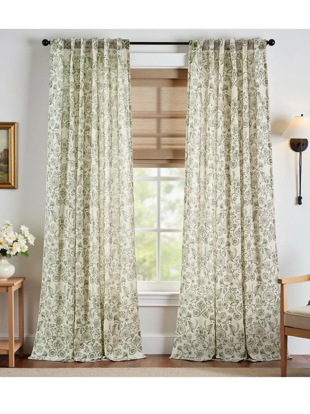 Green Floral Sheer Curtains 50”W x 96”L