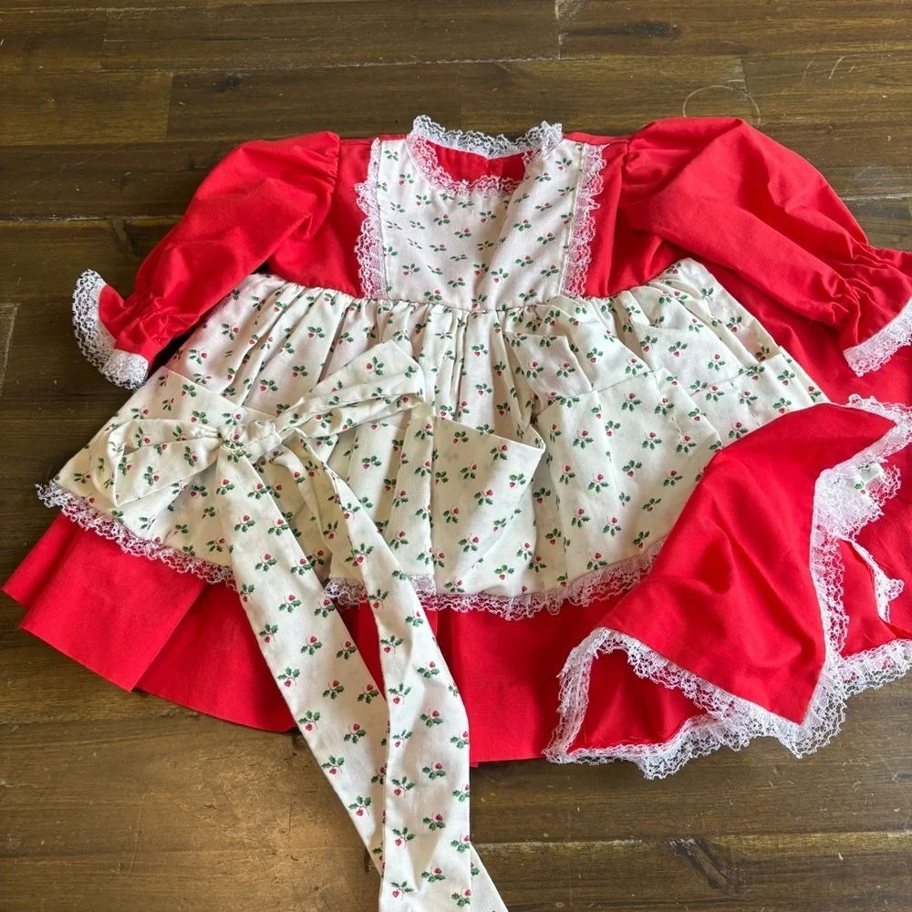 Vintage Hand Made Christmas Dress Red Prairie Lace Ruffle 3-6M Faux Apron Baby