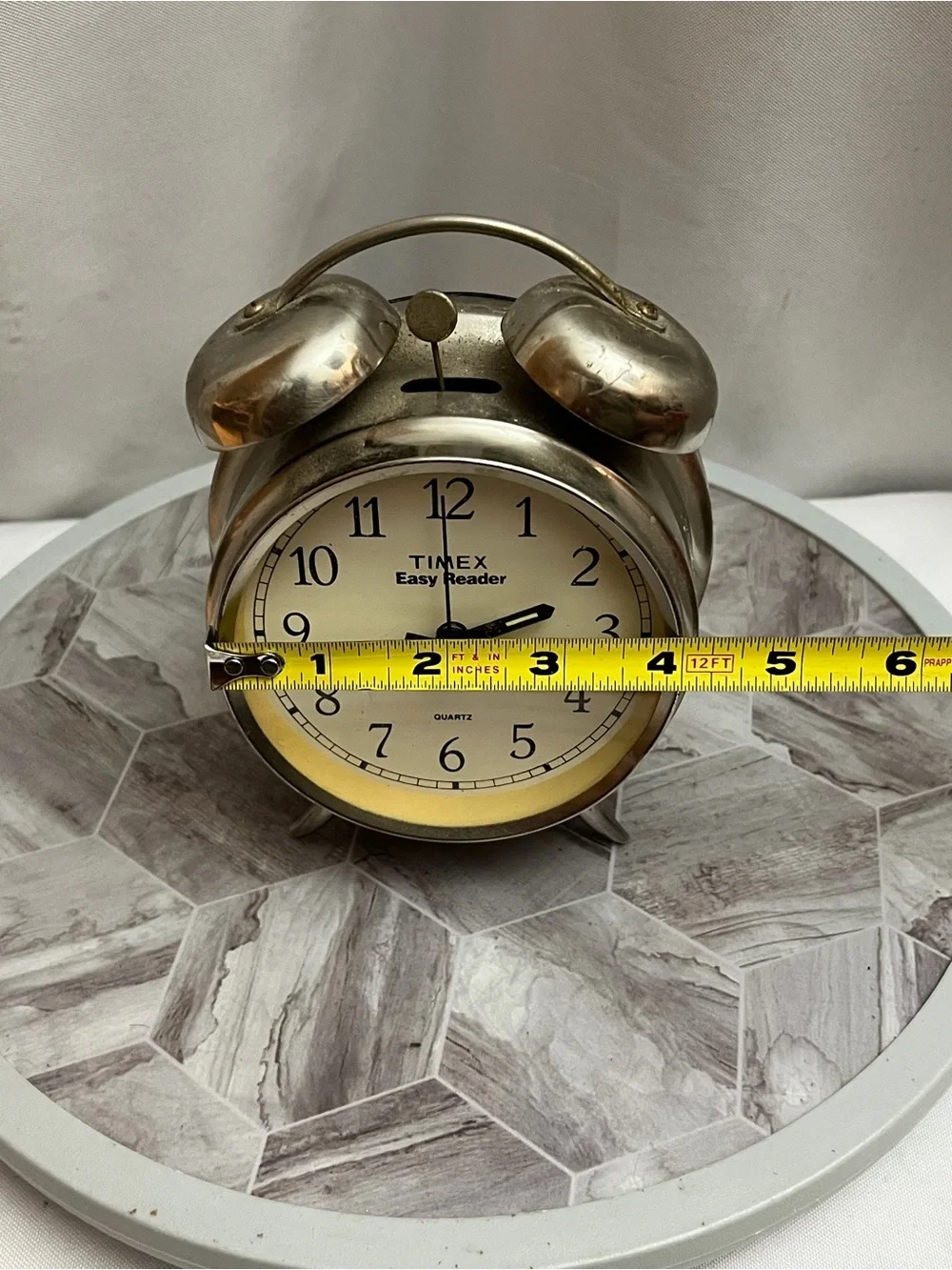 Vintage Timex Easy Reader Quartz Twin Bell Alarm Clock Brass Tone Tested Works