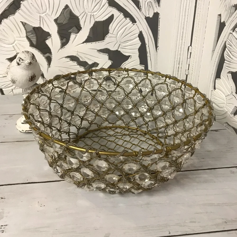 Rustic Vintage Wire Beaded Basket with Crystal Accents, Gold-Tone Tabletop Decor