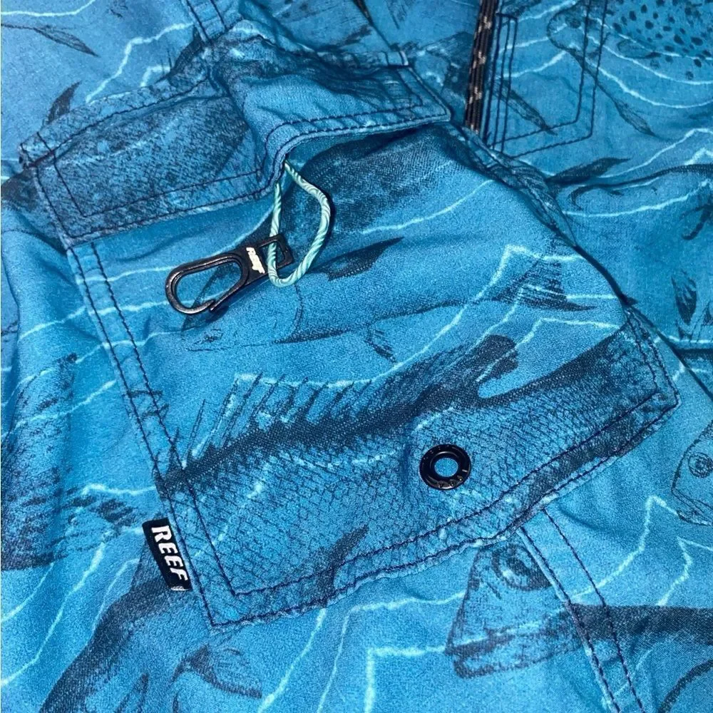 Reef Men’s Sz 38 Blue Fish Water Boardshorts To Trip On Hybrid Swim Shorts