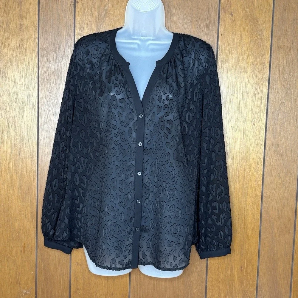Banana Republic Blouse LP Sheer Black Burnout Leopard Button Y2K Goth Chic Indie