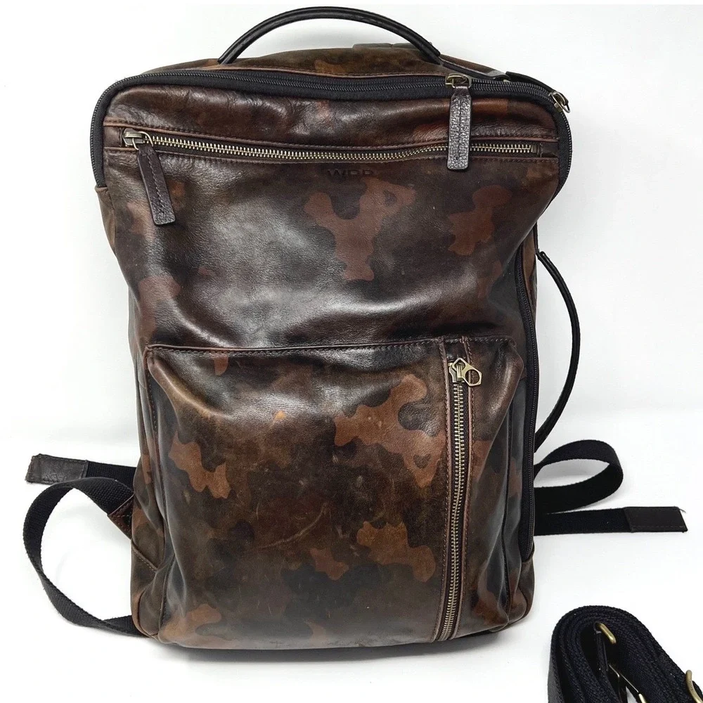 Fossil Buckner Leather Convertible Backpack Camo Brown‎ Bag Office Monogram WDD