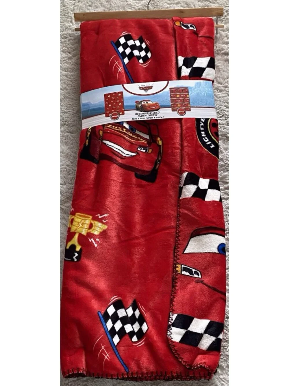DISNEY Pixar CARS LIGHTNING MCQUEEN Reversible Coco Throw Blanket 50‎ X 70” NEW