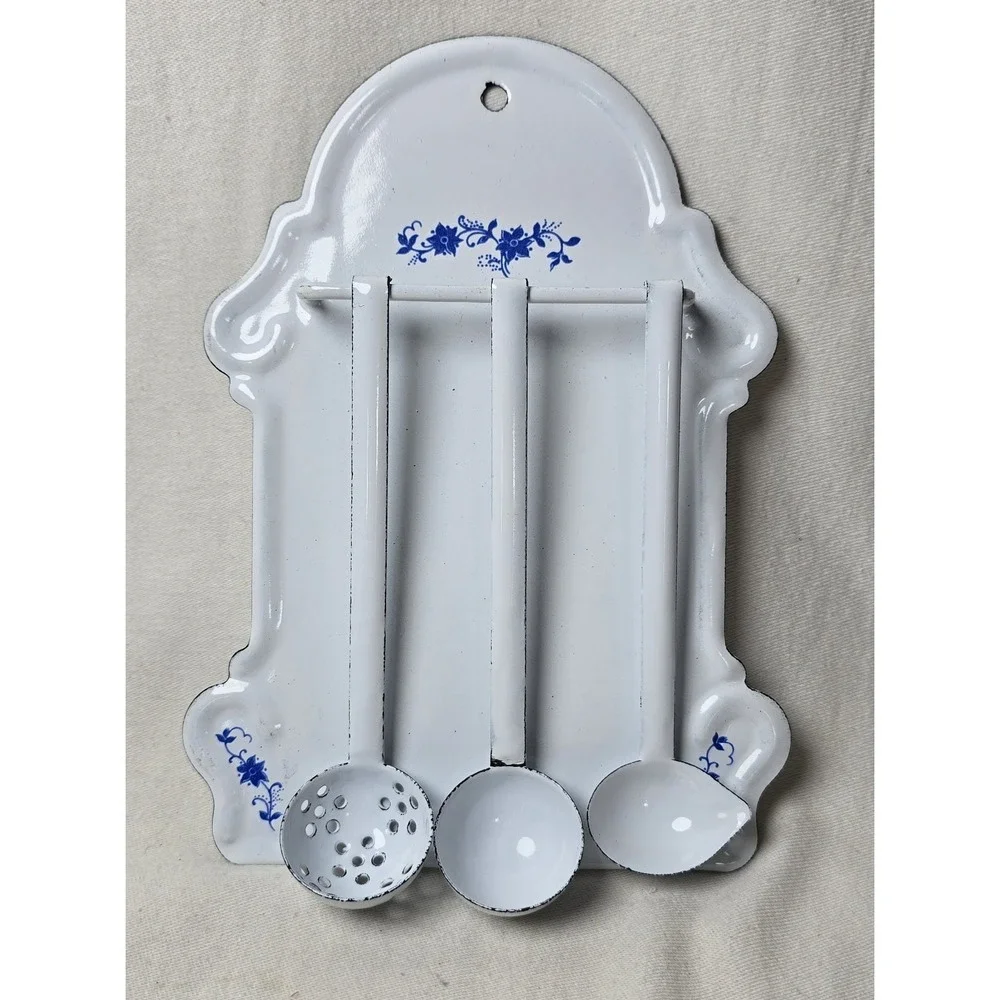 Antique Child's 4 Piece Ladle & Strainer Set In White Enamel‎ W/ Blue Decor. EUC