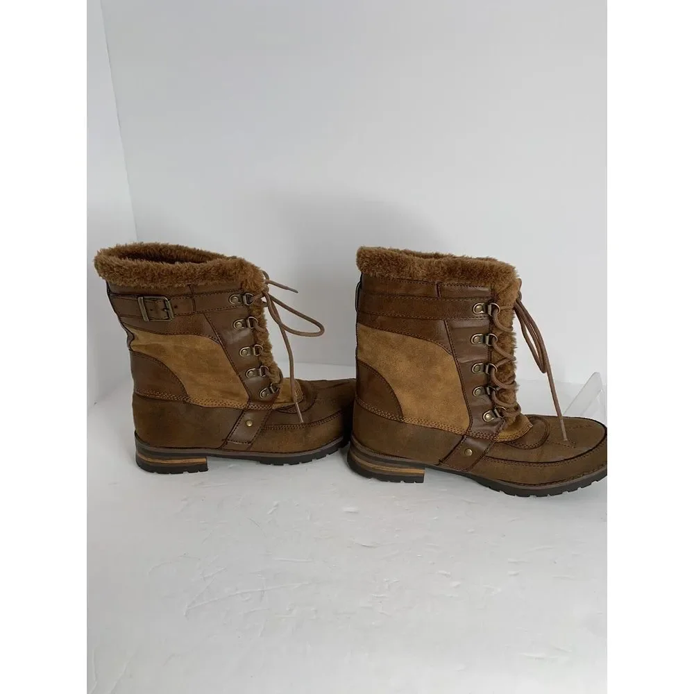 Rock & Candy New Danlea Brown Mid‎ Calf Winter Snow Faux Fur Lace Up Boots Sz 9