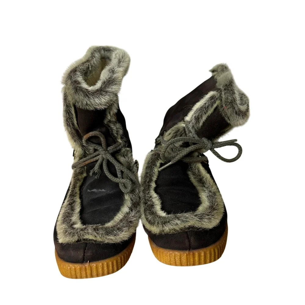 Vintage 70s JCPenneys Snow Boots Womens 7 Brown Suede Fur Trim Lace Up Ski Apres