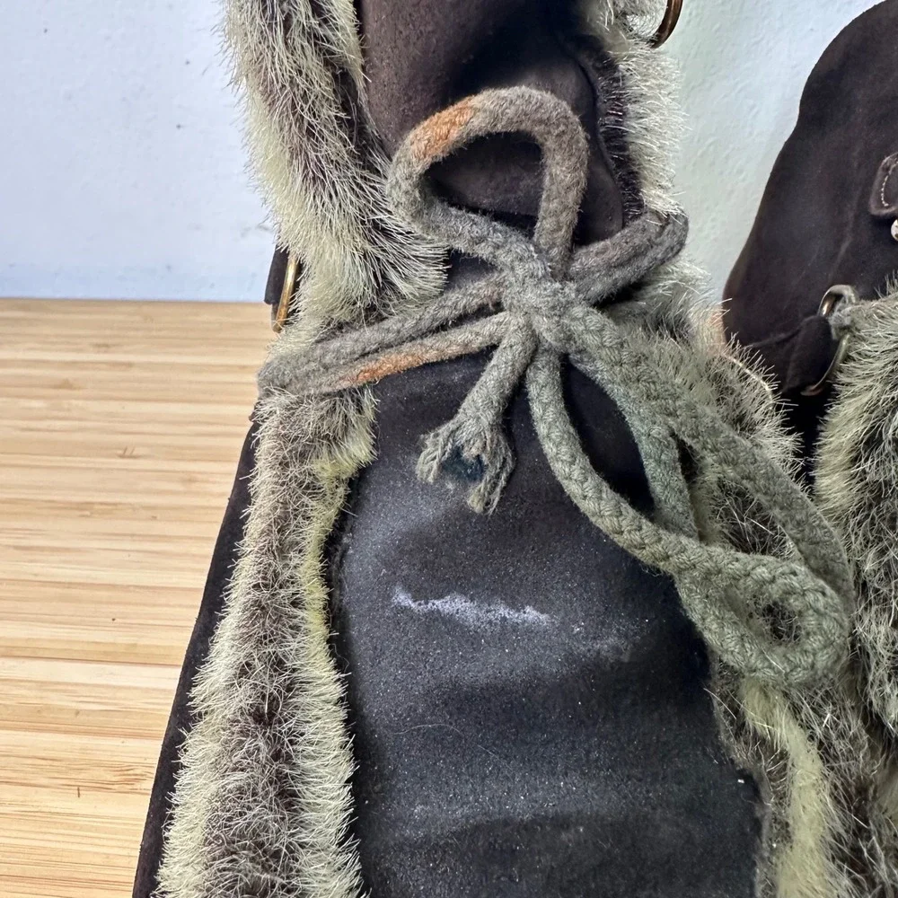 Vintage 70s JCPenneys Snow Boots Womens 7 Brown Suede Fur Trim Lace Up Ski Apres