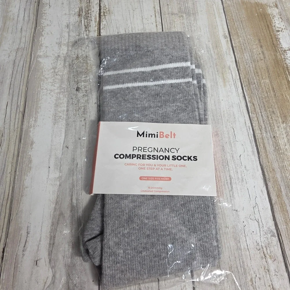 MimiBelt Pregnancy Compression Socks Gray White Stripe 15-20mmHg One Size NEW