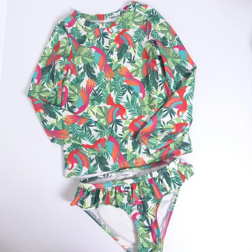Old Navy Rash Guard Swimsuit Set Kids 4T White Tropical Parrot Long Sleeve 2pc