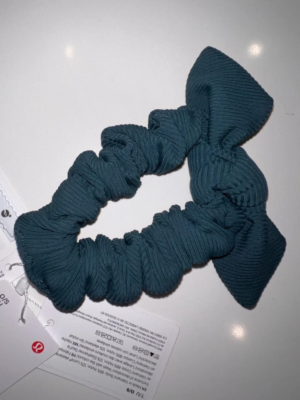NWT Lululemon Uplifting Bow Scrunchie Teal Ribbed Hair Tie Blue Green