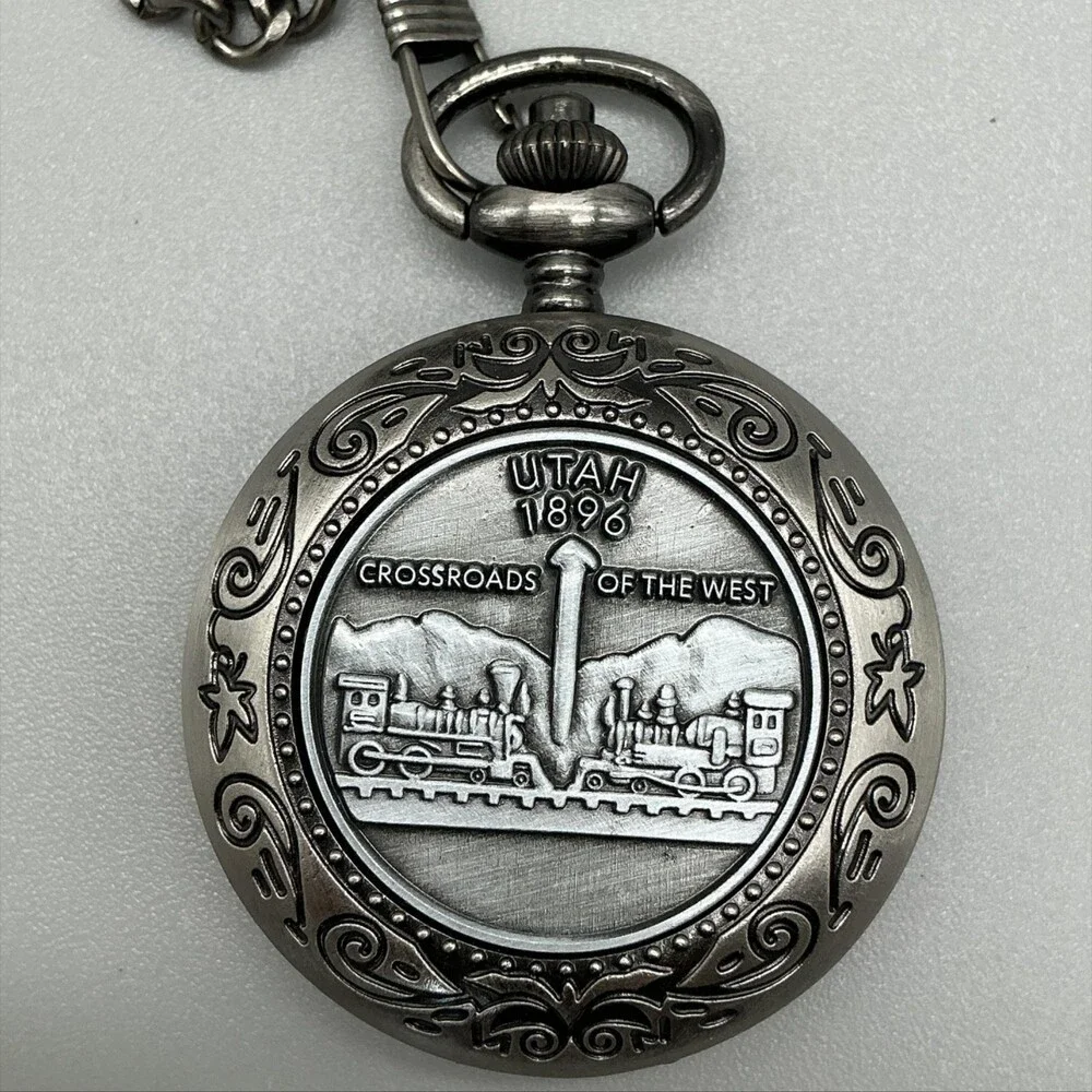 Vintage Collection Pocket Watch Men 46mm Silver Tone Utah 1896 Chain New Battery