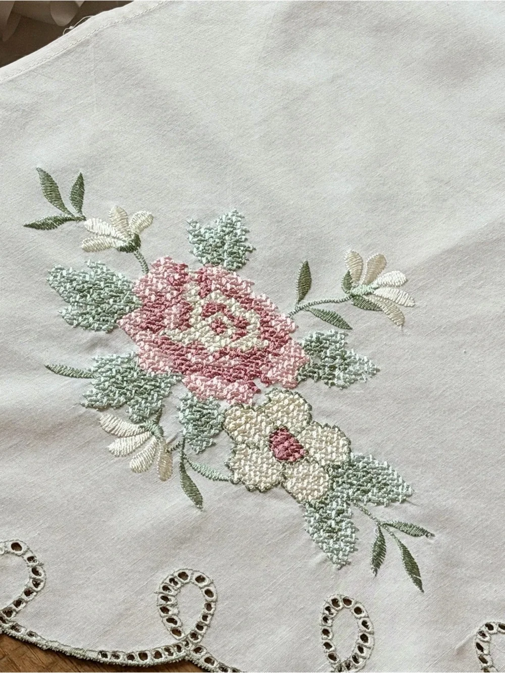 Set (2) Vintage Embroidered Floral Cottagecore Valances. Ecru | Cross Stitched
