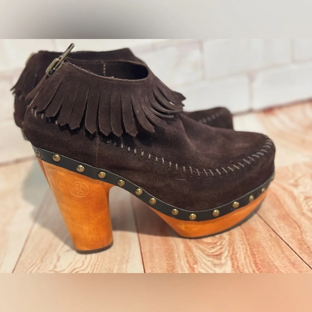 FLOGG‎ Davina Suede Fringe Platform Clog Heels Boho Western Size 7