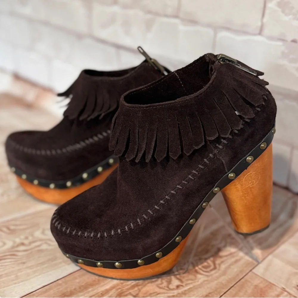 FLOGG‎ Davina Suede Fringe Platform Clog Heels Boho Western Size 7