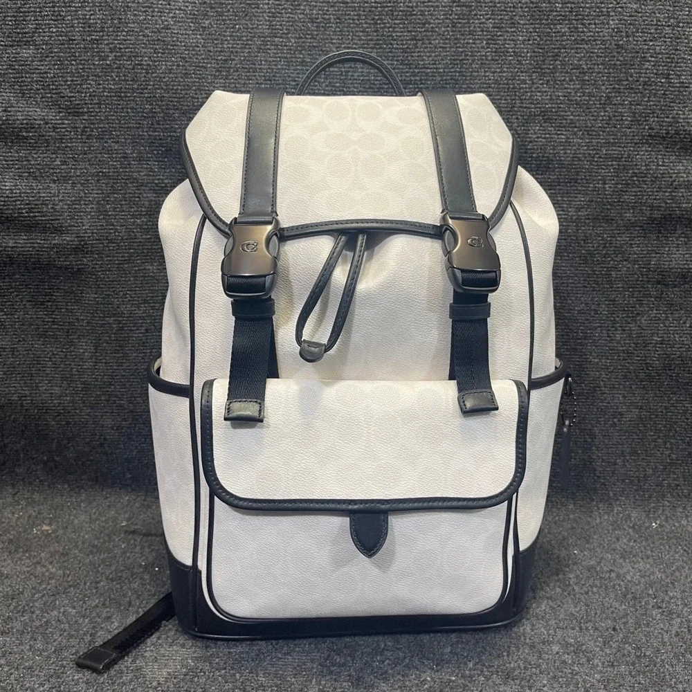 Coach CU201 Chalk/White & Black Leather Signature Canvas League Flap Backpack