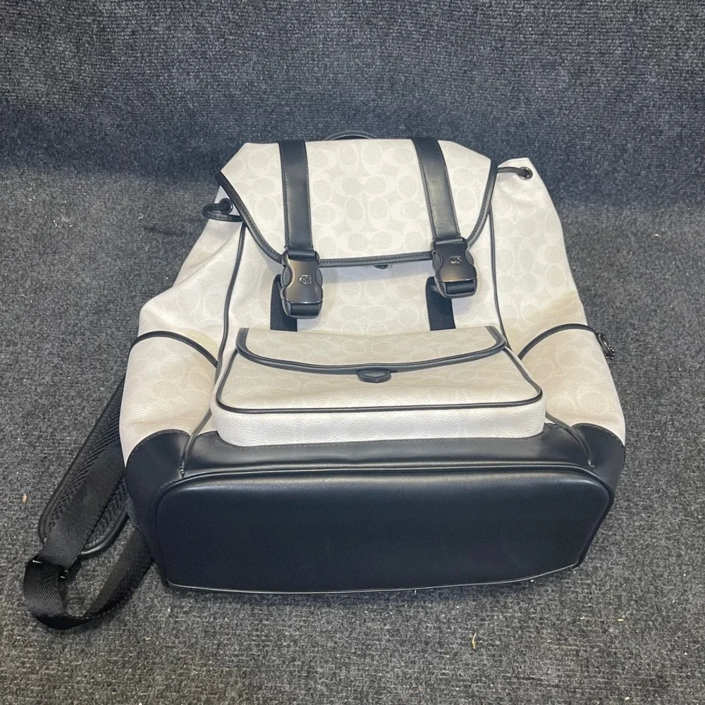 Coach CU201 Chalk/White & Black Leather Signature Canvas League Flap Backpack