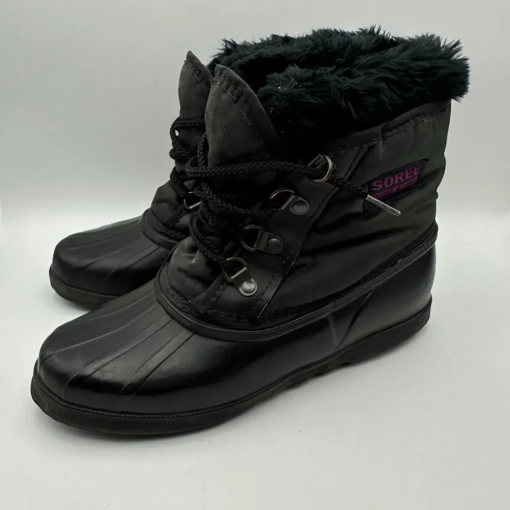 Sorel Kaufman Ankle Snow Boots Womens 7 Black‎ Fur Trim Lace Up Winter