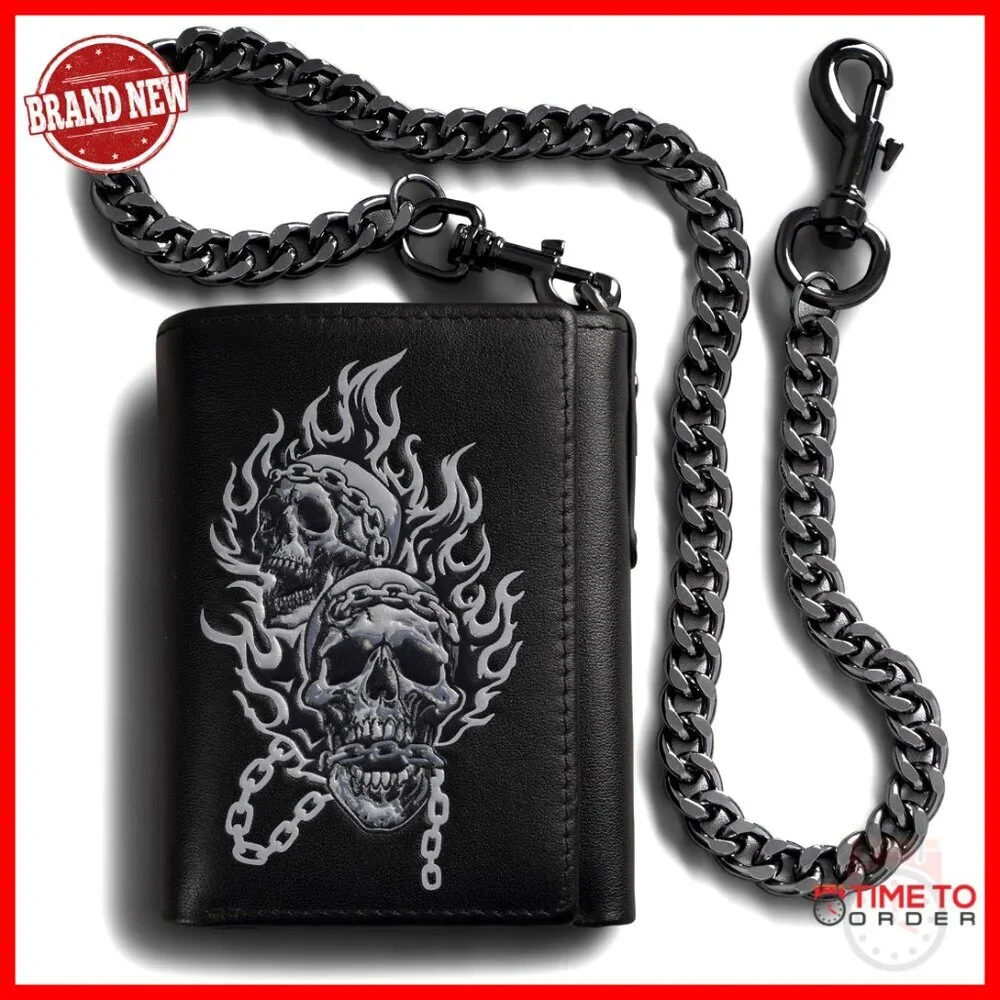 Men's Trifold Wallet With Detachable Chain RFID Blocking Leather