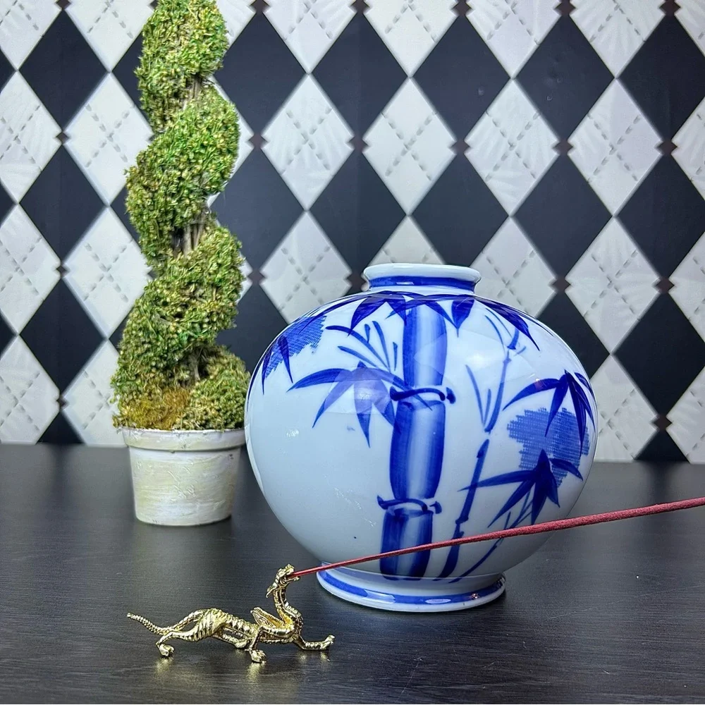 Blue White Porcelain Bamboo Vase Chinoiserie 6.5”‎ Grandmillenial Japan Decor